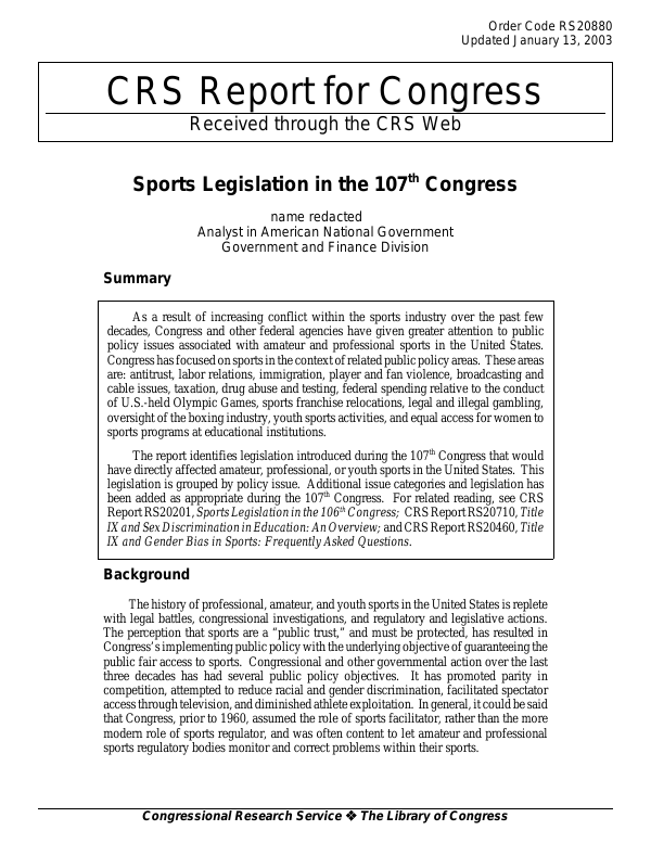 Sports Legislation in the 107th Congress