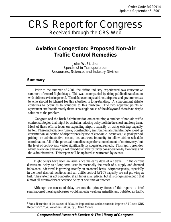 Aviation Congestion: Proposed Non-Air Traffic Control Remedies ...