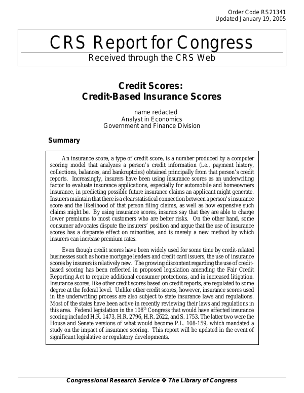 Insurance License Score Report Example Credit Scores: Credit-Based Insurance Scores - EveryCRSReport.com