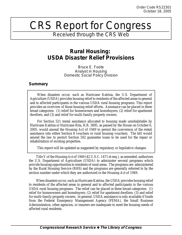 Rural Housing USDA Disaster Relief Provisions