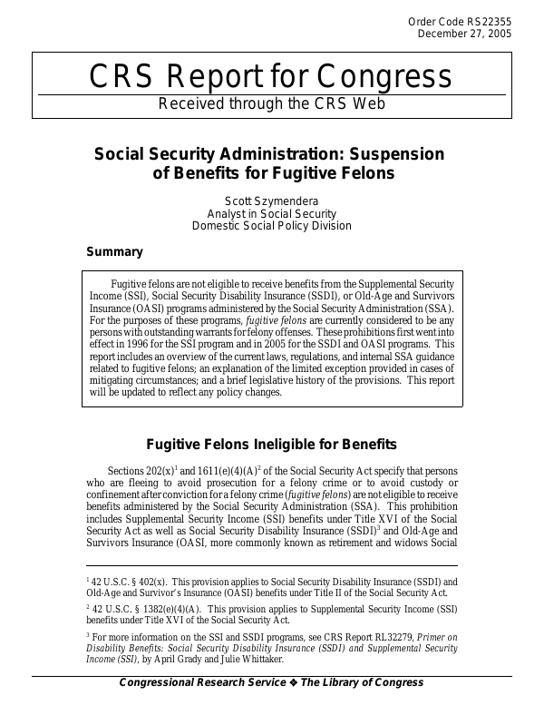 Social Security Administration Suspension of Benefits for Fugitive