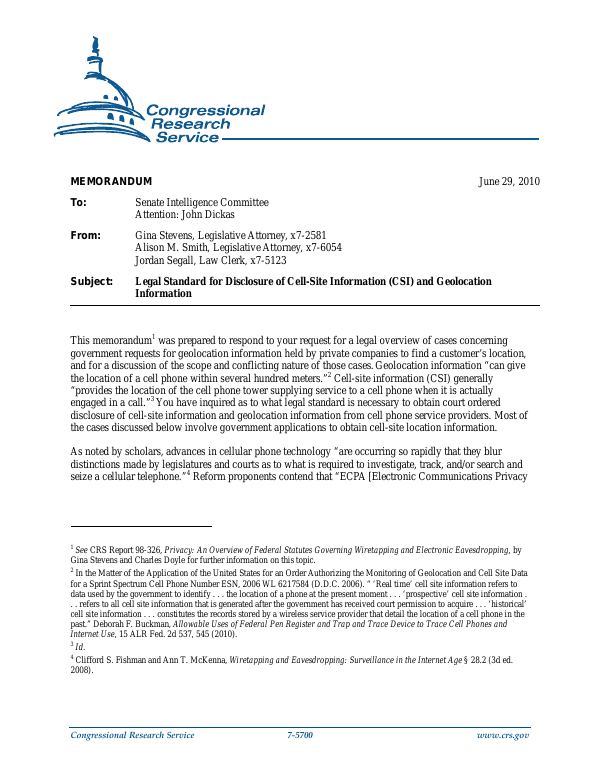 Legal Standard for Disclosure of Cell-Site Information (CSI) and ...